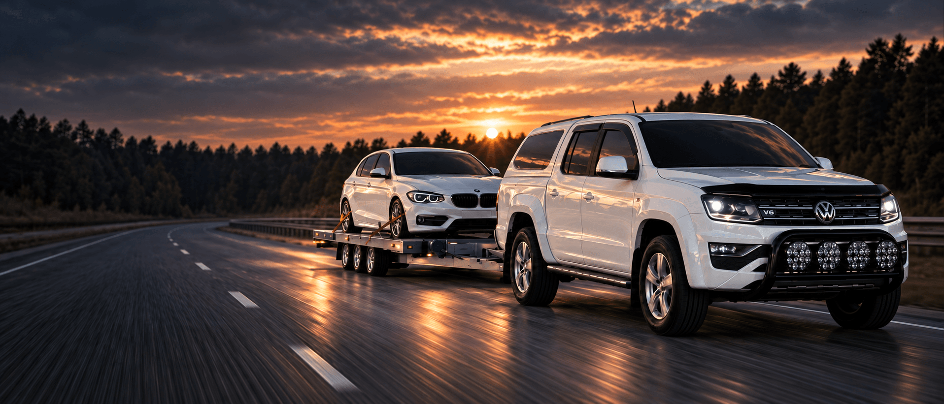 Vit pickup med en BMW på biltransportsläp på en väg i solnedgången